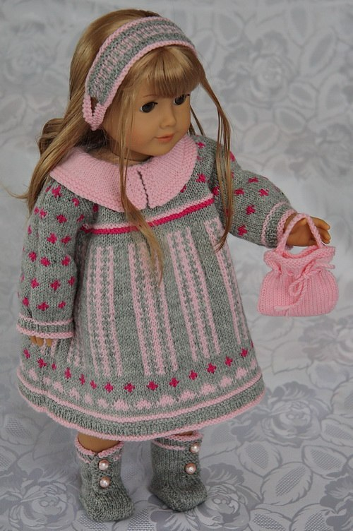DollKnittingPattern - 0070D ROSALIN -DRESS, PANT, SHOES, HAIR BAND, HAND BAG ...