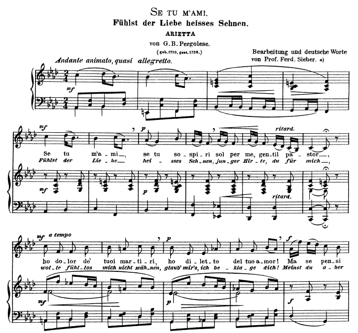se tu mami medium voice in f minor g b pergolesi caecilia ed se tu m ami sheet music
