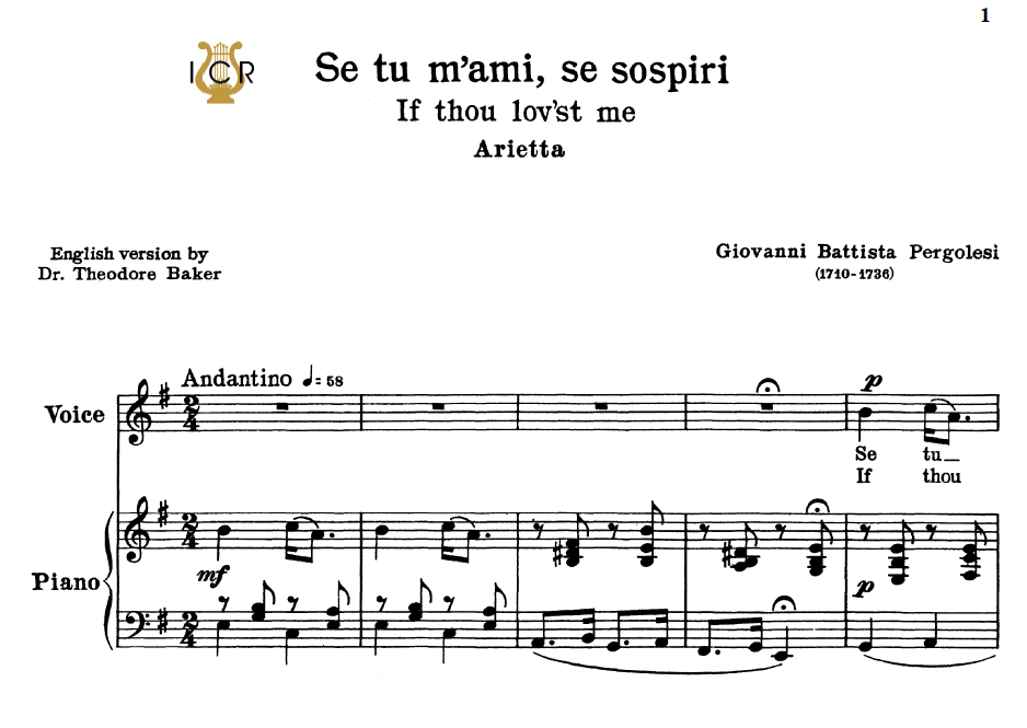 se tu mami medium low voice in e minor g b pergolesi for se tu m ami sheet music