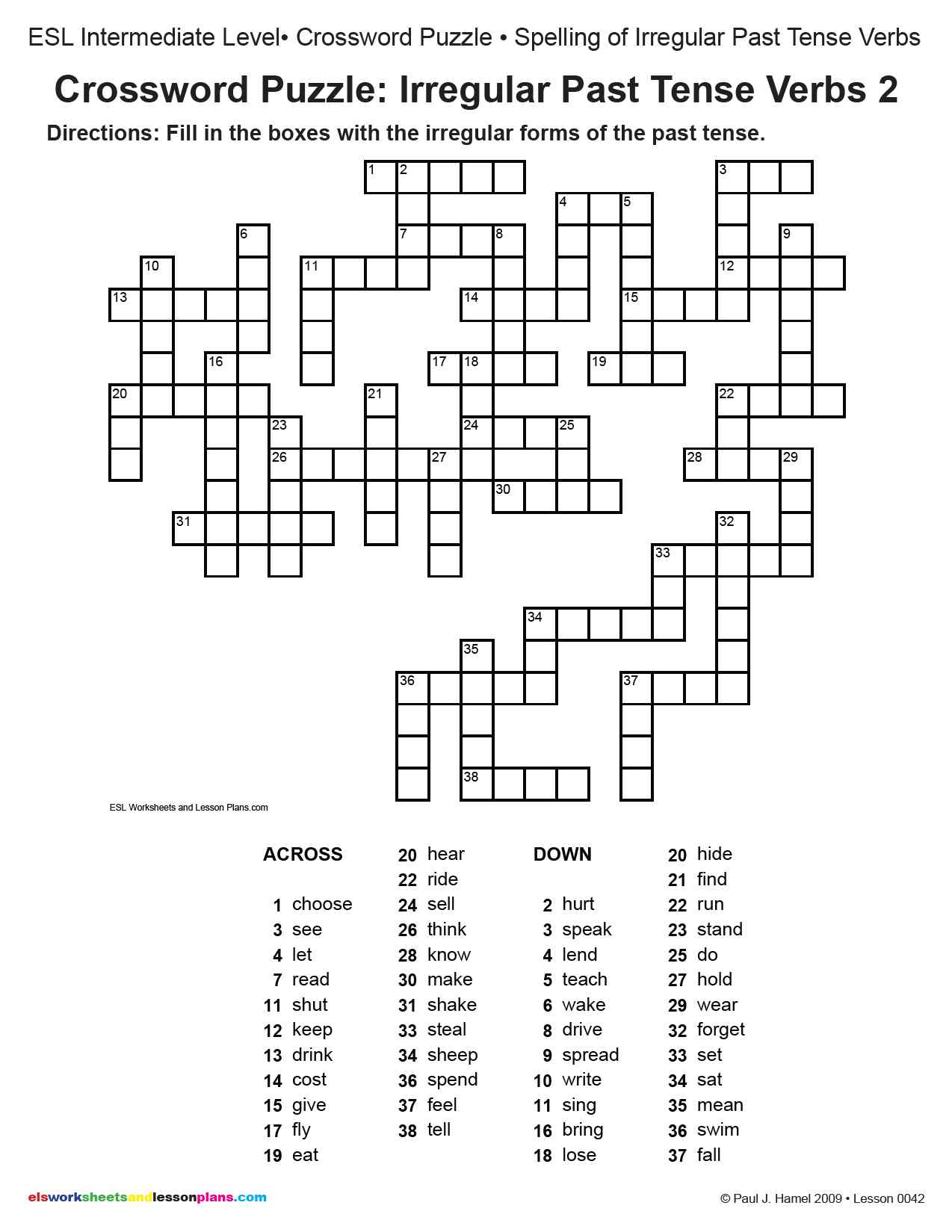 Past Tense Crossword Puzzle Worksheet