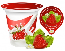Vectorlib RF (Standard License): Vector. Red ripe  strawberry with leaves and flowers.Background for design of packing yogh...