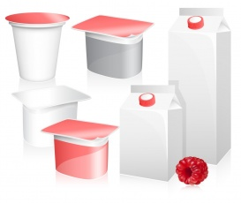 Vectorlib RF (Standard License): Vector set of blank milk and yoghurt packs with photo-realistic ripe raspberry.