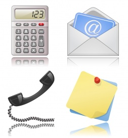 Vectorlib RF (Standard License): Office supplies. Note papers, phone receiver, mail envelope.