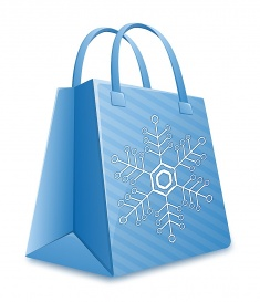 Vectorlib RF (Standard License): Christmas shopping bag. Blue striped shopping bag with snowflake. Christmas Sale