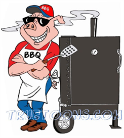Pig Chef leaning on BBQ Smoker
